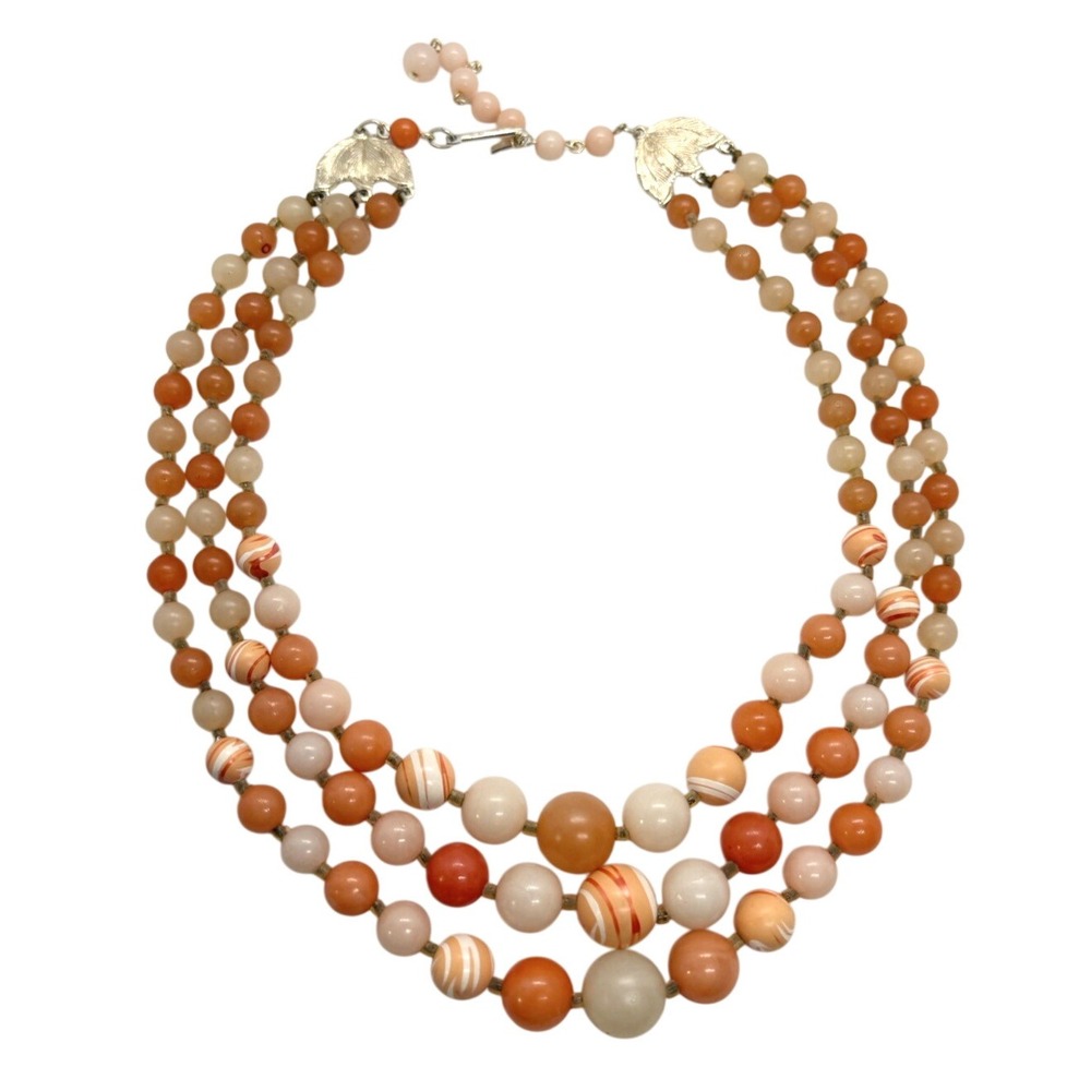 Vintage Pastel Orange Plastic Bead 3 Strand 16'' - 18'' Necklace Japan Retro